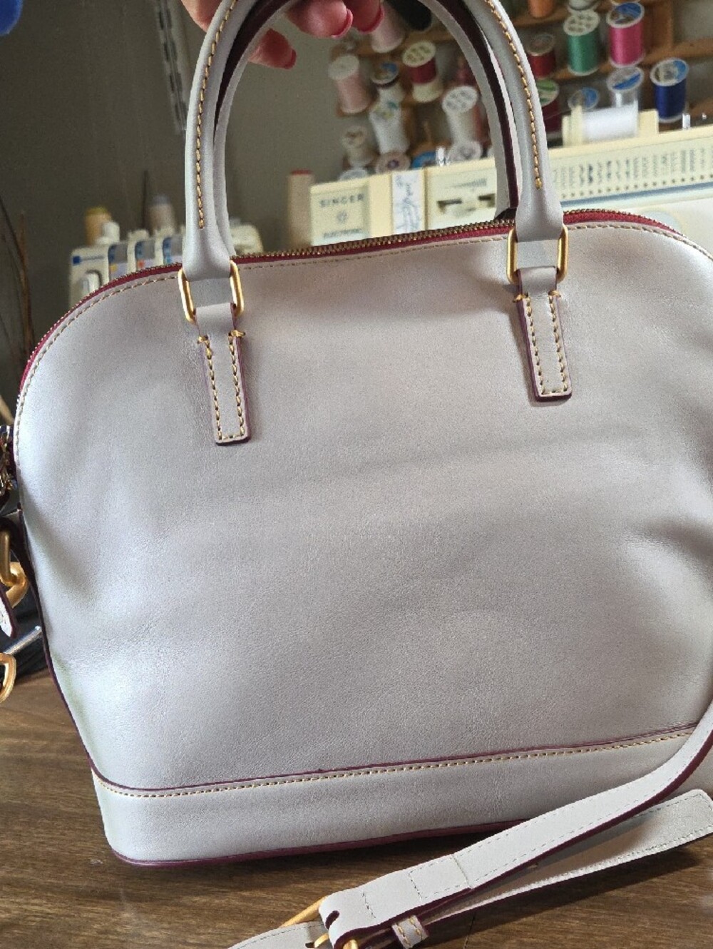 Dooney & Bourke Cream Leather Satchel with Red Trim - Picture 4 of 13